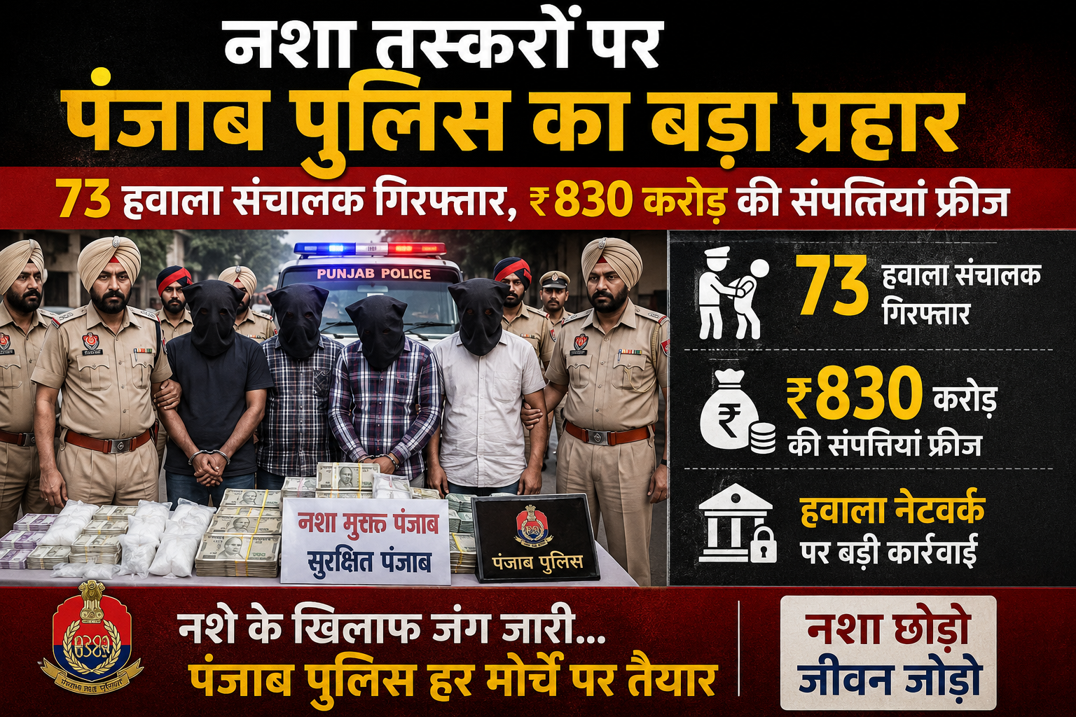 Chandigarh: पंजाब में नशा तस्करी पर शिकंजा, 73 हवाला ऑपरेटर पकड़े, ₹830 करोड़ की संपत्ति फ्रीज